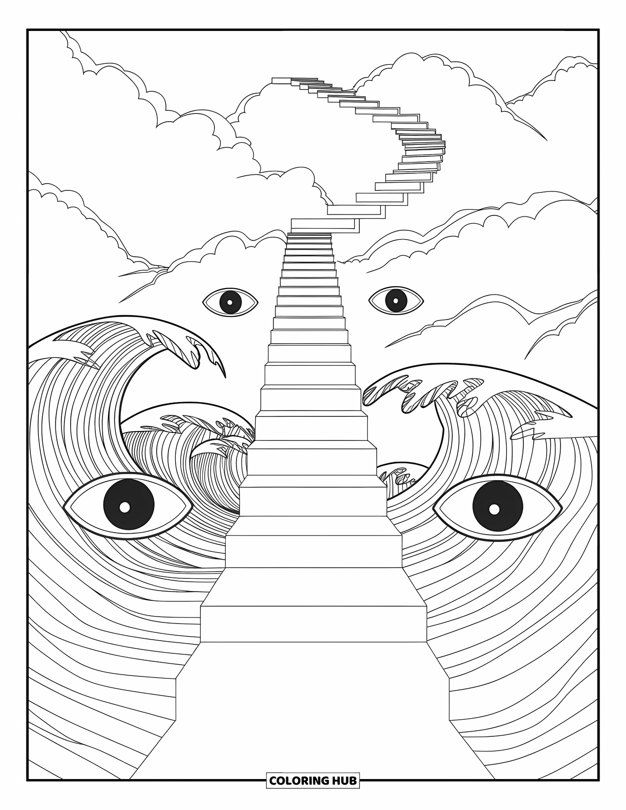 Trippy Coloring Page for Kids: Floating stairs lead past giant eyes and leafy waves in a cloudy sky
