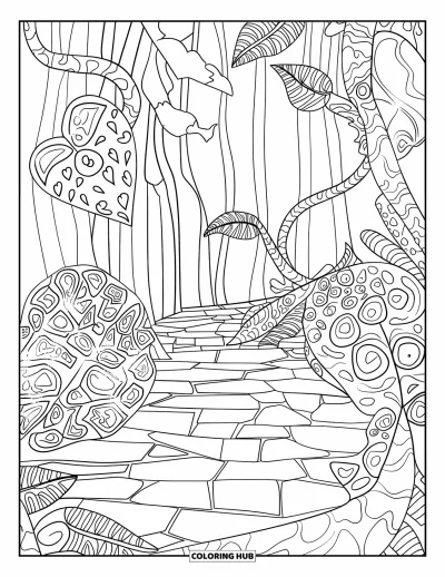 Trippy Coloring Page for Kids: Stars, spirals, and hearts decorate the leaves on a jungle trail