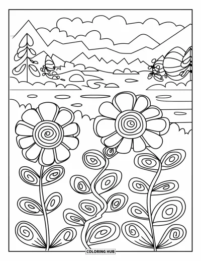Trippy Coloring Page for Kids: Swirly leaves fill a garden of spiral-patterned flowers