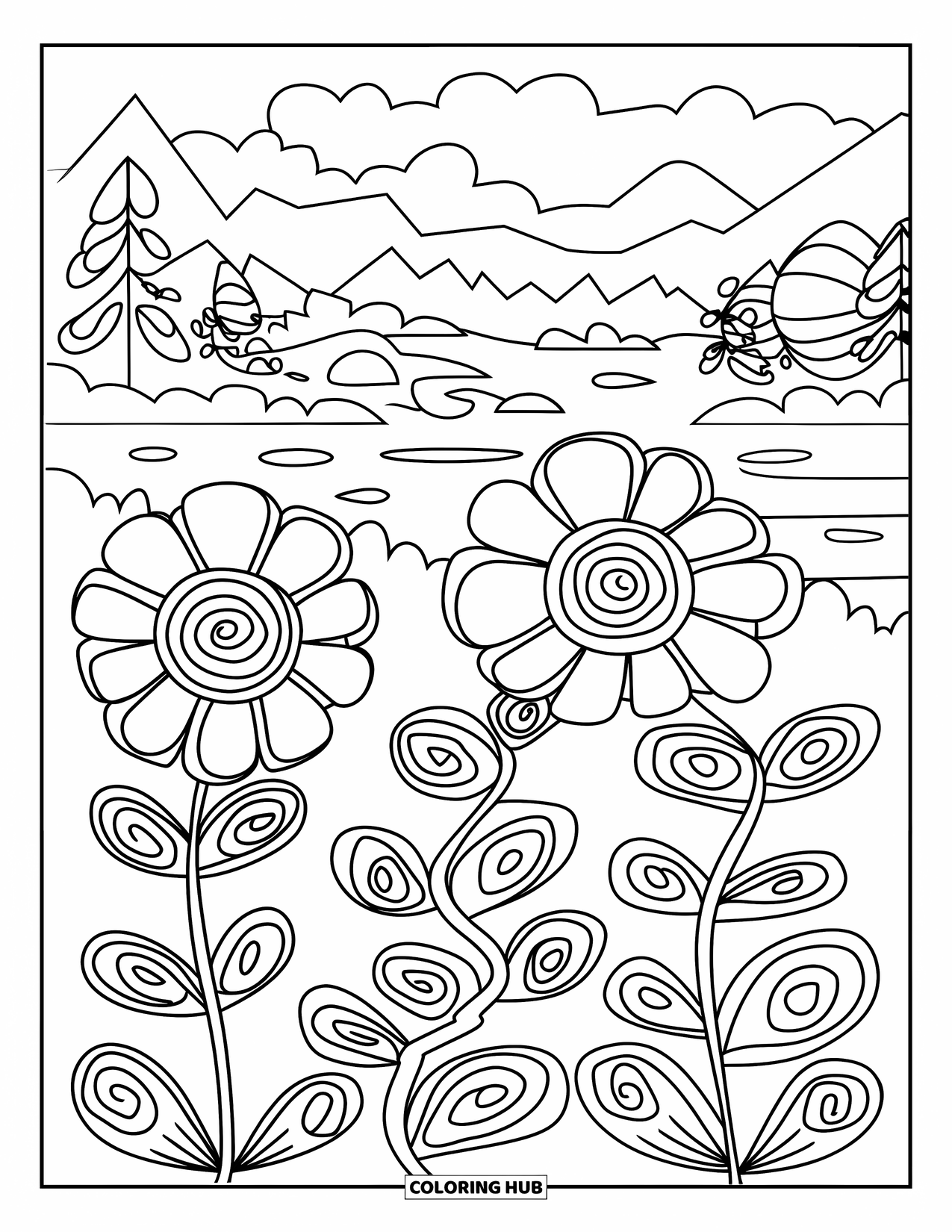 Trippy Coloring Page for Kids: Swirly leaves fill a garden of spiral-patterned flowers