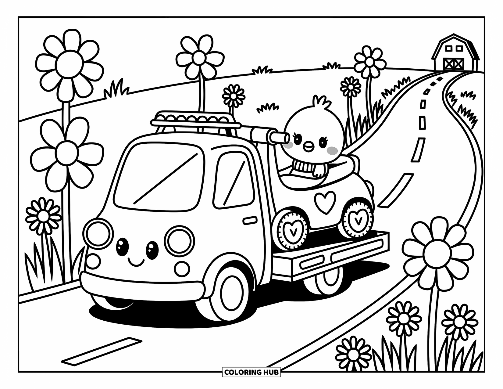 Kleurplaat van een vrachtwagen voor volwassenen: Een vrolijke sleepwagen tilt een scooter met hartwielen op met een kuiken met een sjaal erin