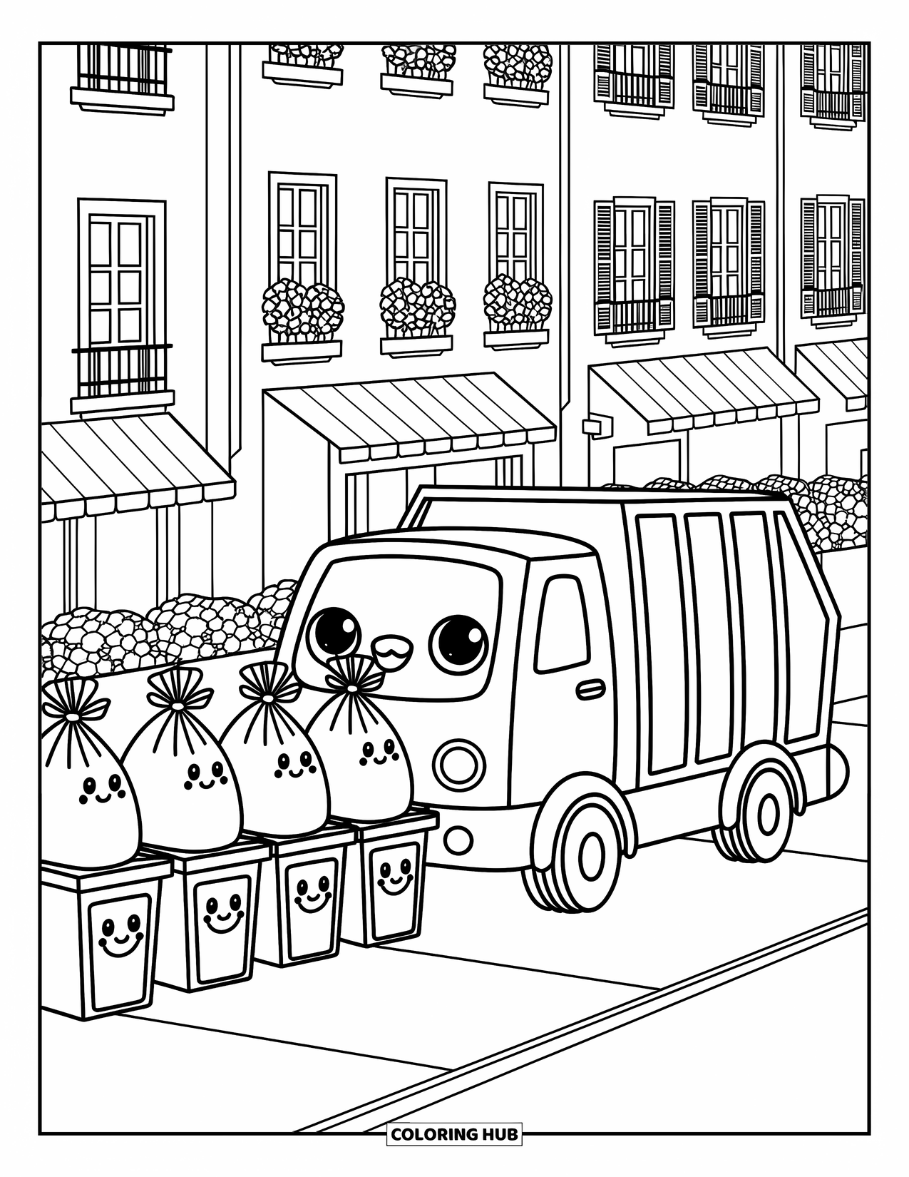 Kleurplaat van een vrachtwagen voor volwassenen: Een schattige vuilniswagen verzamelt lachende vuilniszakken in de buurt van gezellige huizen en balkons met potplanten