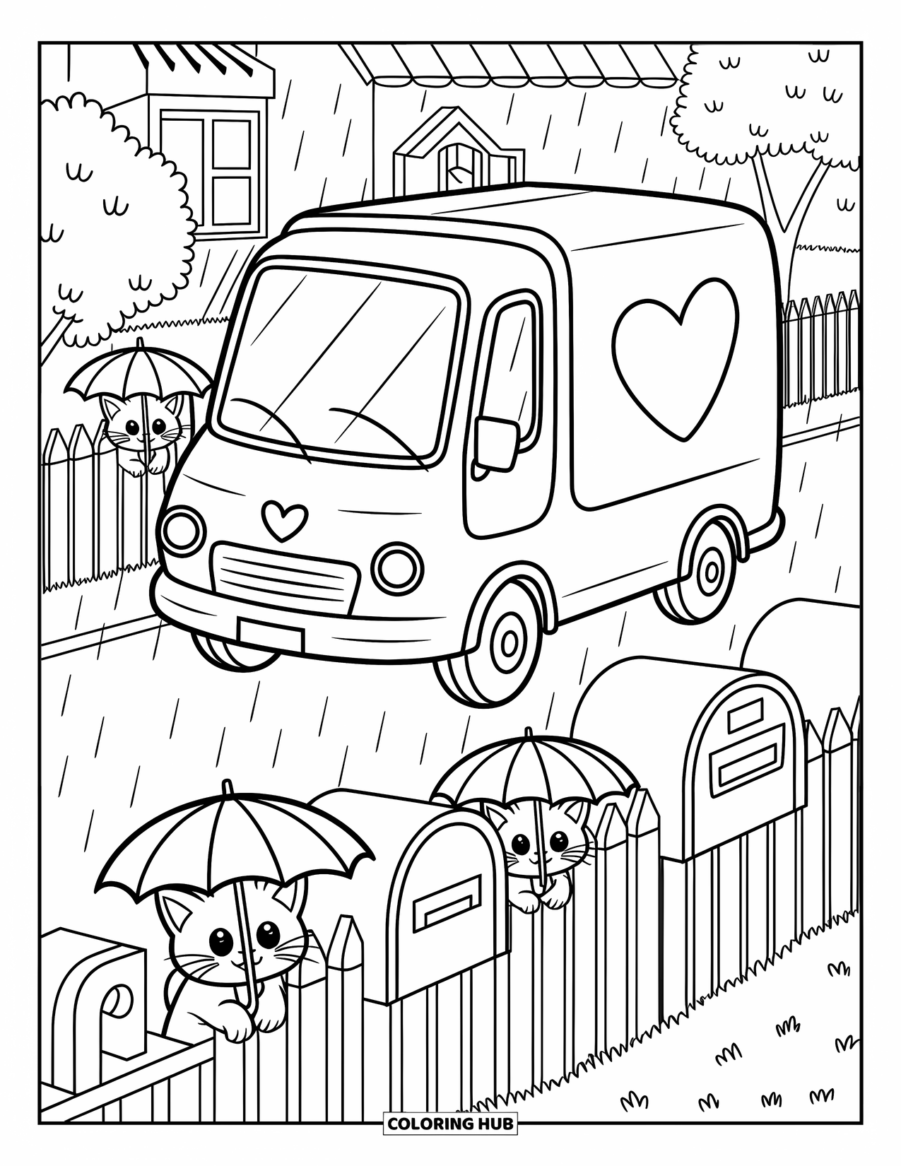 Disegno di camion da colorare per adulti: Un camion delle consegne passa sotto la pioggia mentre curiosi gattini alzano minuscoli ombrelli