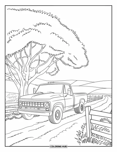 Dibujo de camiones para colorear para adultos: Un camión de granja descansa bajo un árbol grande cerca de una cerca y colinas onduladas