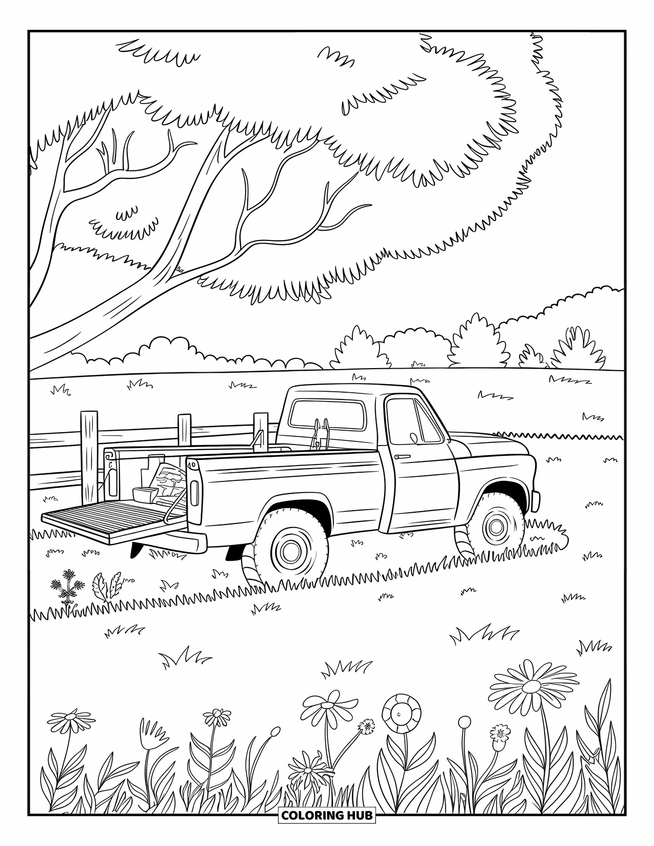 Kleurplaat van een vrachtwagen voor volwassenen: Een boerenwagen staat onder een boom naast een hek en een veld vol wilde bloemen