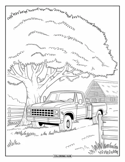 Dibujo de camiones para colorear para adultos: Un camión de granja con puertas abiertas está cerca de una cerca de madera y una casa con techo de paja