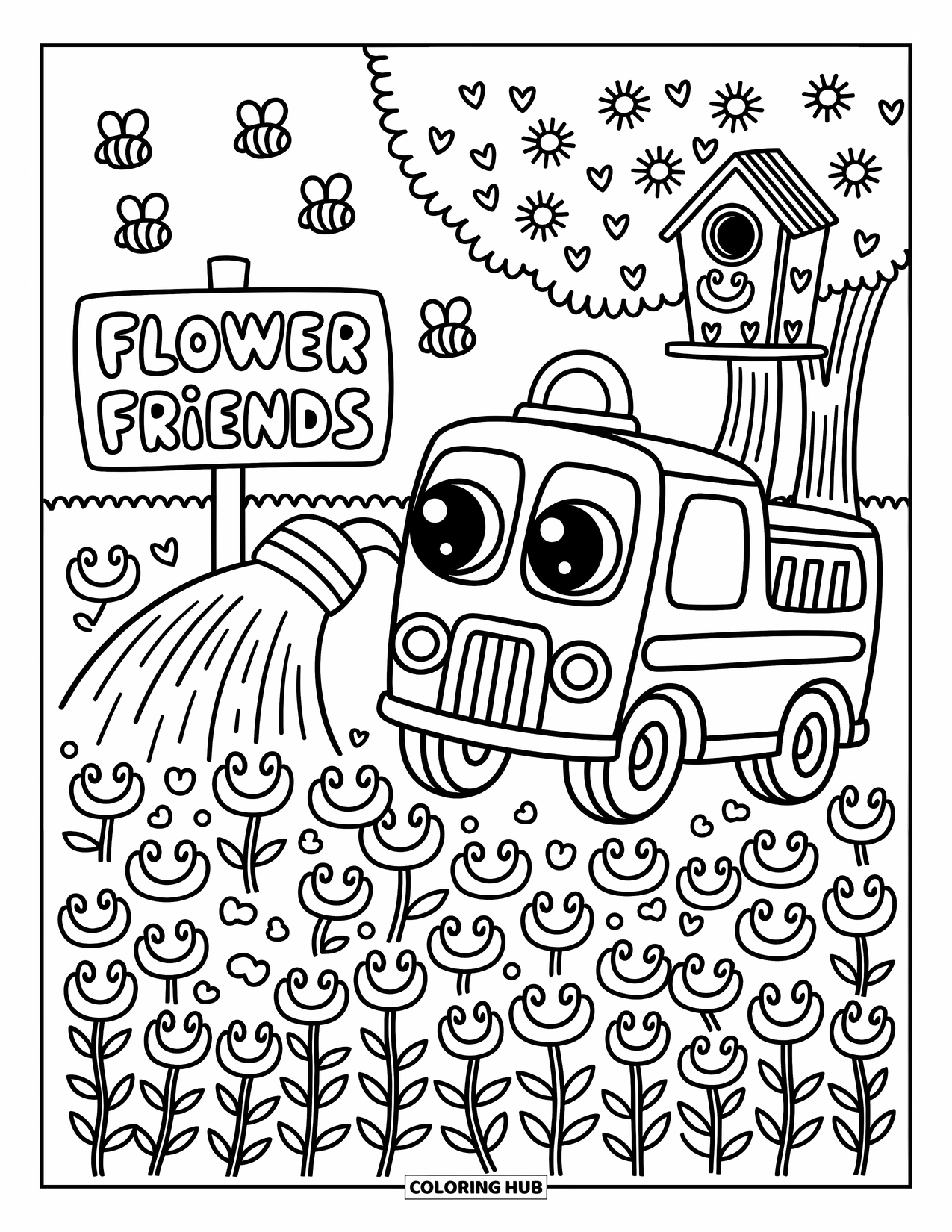 Kleurplaat van een vrachtwagen voor volwassenen: Een brandweerwagen geeft zachtjes water aan lachende bloemen, geleid door een ladderslang en vrolijke tuinvrienden