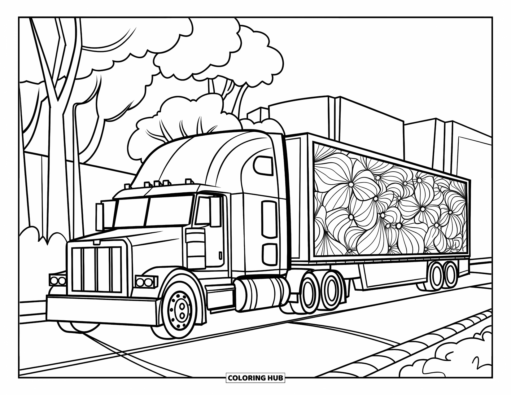 Kleurplaat van een vrachtwagen voor volwassenen: Een met bloemen versierde semi-truck staat geparkeerd in de buurt van bomen en gebouwen
