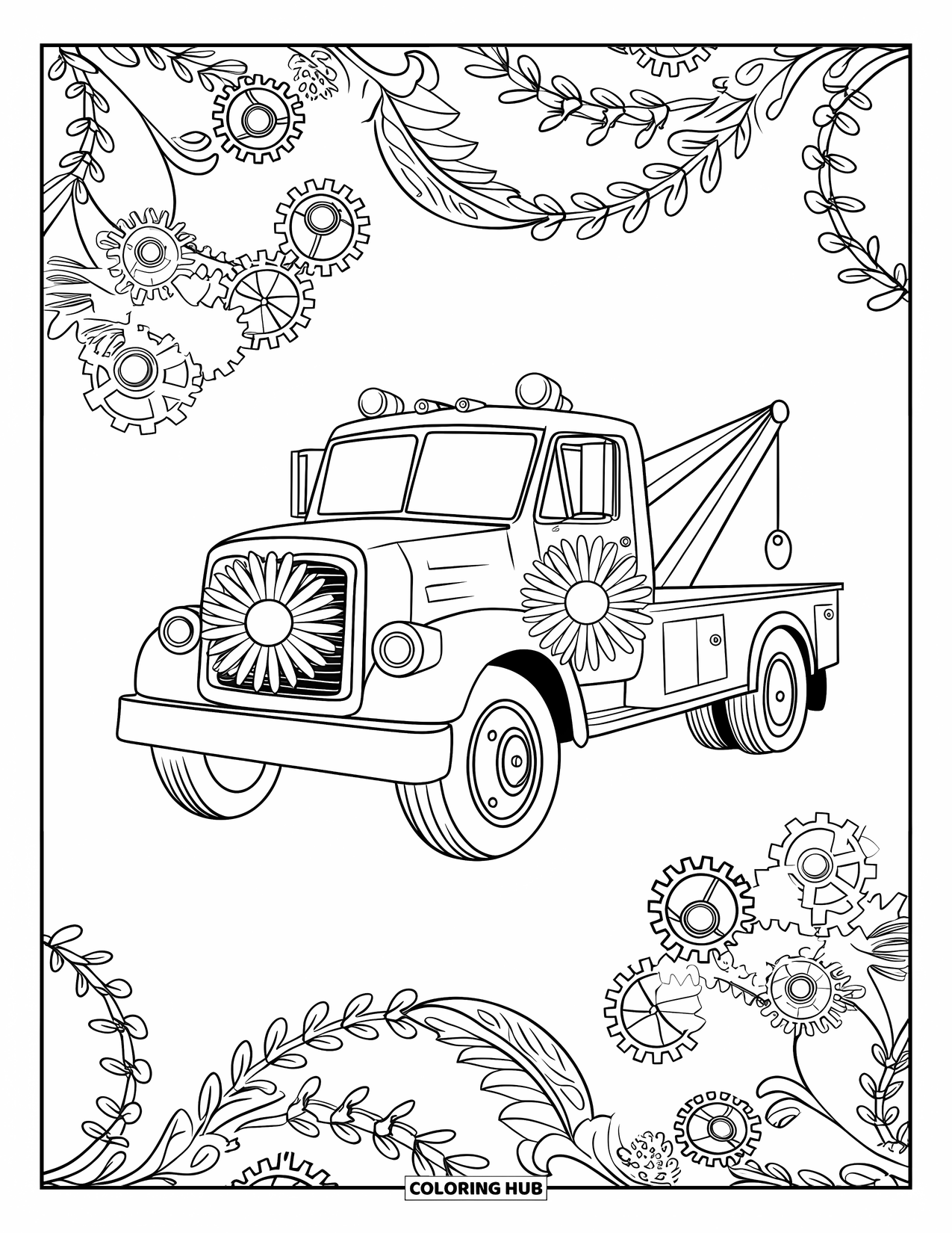 Kleurplaat van een vrachtwagen voor volwassenen: Een bloemen-sleepwagen is omgeven door wervelende wijnranken en mechanische tandwielen