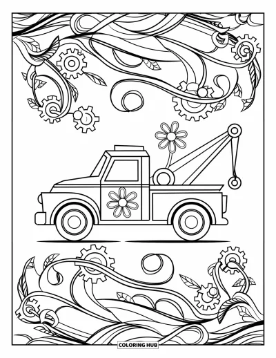 Dibujo de camiones para colorear para adultos: Una grúa remolque cubierta de flores está enmarcada por enredaderas y engranajes en un patrón relajante