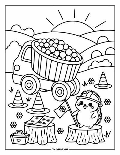 Dibujo de camiones para colorear para adultos: Un erizo guía un camión volquete que descarga piedritas en una obra pequeña y acogedora