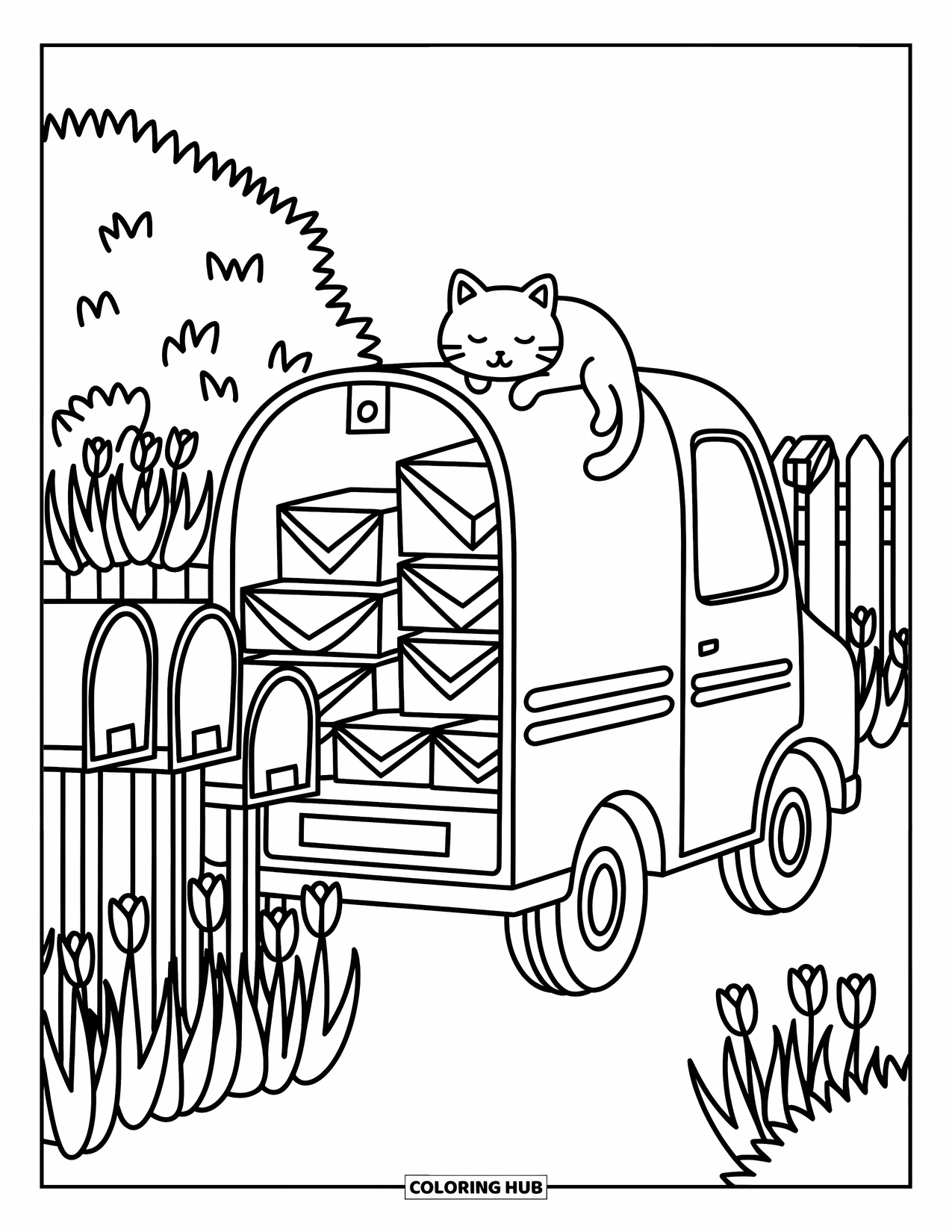 Kleurplaat van een vrachtwagen voor volwassenen: Een postwagen vol pakjes parkeert bij gezellige brievenbussen, met een kat die erop slaapt