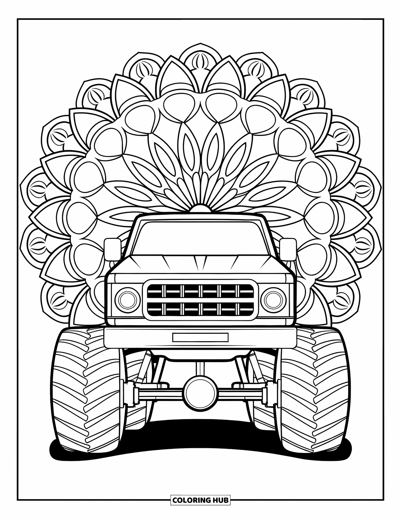 Kleurplaat van een vrachtwagen voor volwassenen: Een monstertruck met grote wielen is omgeven door bloemenmandala-patronen