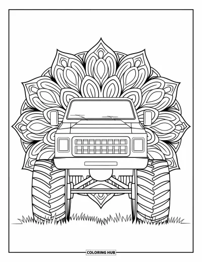 Dibujo de camiones para colorear para adultos: Un camión monstruo con ruedas redondas está enmarcado por un mandala floral