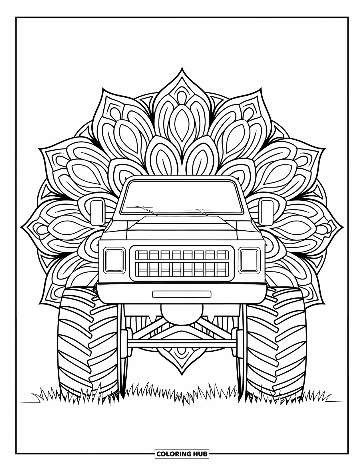 Kleurplaat van een vrachtwagen voor volwassenen: Een monstertruck met ronde wielen wordt omlijst door een bloemenmandala
