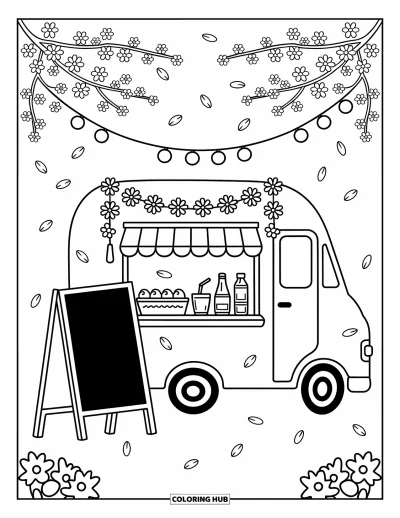 Dibujo de camiones para colorear para adultos: Un camión de comida divertido sirve dumplings y bebidas en un festival de primavera bajo cerezos en flor