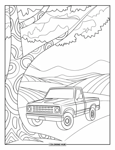 Dibujo de camiones para colorear para adultos: Un camión de granja tranquilo está bajo un árbol con patrones en el campo