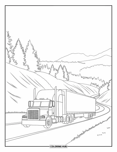 Dibujo de camiones para colorear para adultos: Un camión semirremolque realista recorre carreteras forestales con curvas bajo un cielo soleado