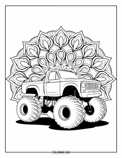 Dibujo de camiones para colorear para adultos: Un mandala circular rodea un camión monstruo visto de frente con ruedas sobredimensionadas