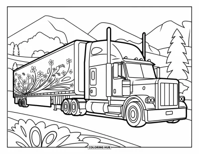 Dibujo de camiones para colorear para adultos: Un camión semirremolque panorámico con patrones florales descansa junto a montañas y árboles