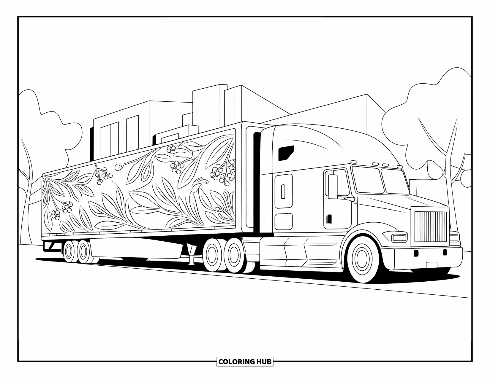Vrachtwagen Kleurplaat voor Volwassenen: Een semi-truck vervoert een aanhanger bedekt met wervelende botanische patronen langs de weg