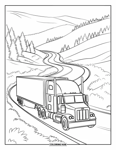 Dibujo de camiones para colorear para adultos: Un camión semirremolque con tráiler serpentea entre colinas verdes y bosques densos