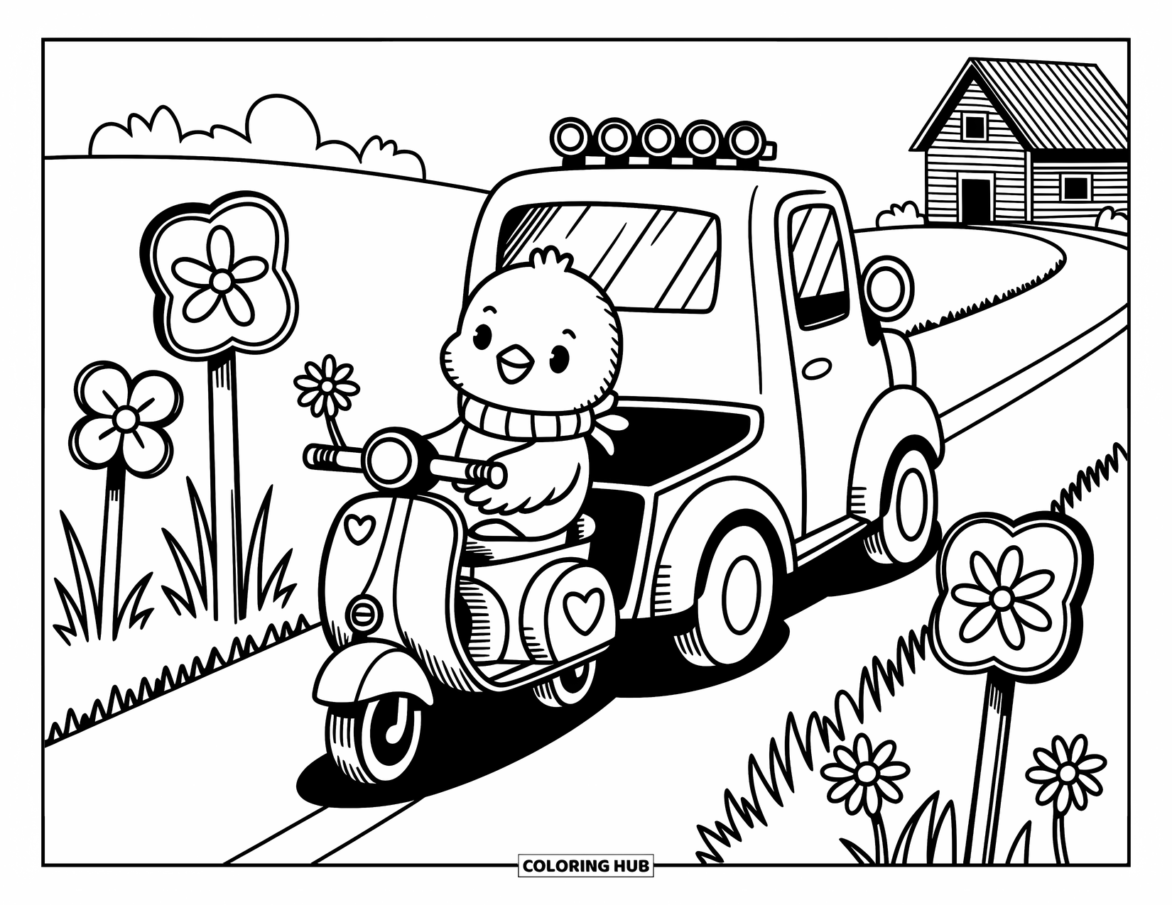 Kleurplaat van een vrachtwagen voor volwassenen: Een lachende sleepwagen tilt een scooter met hartwielen op en vervoert een gezellige kuikenpassagier