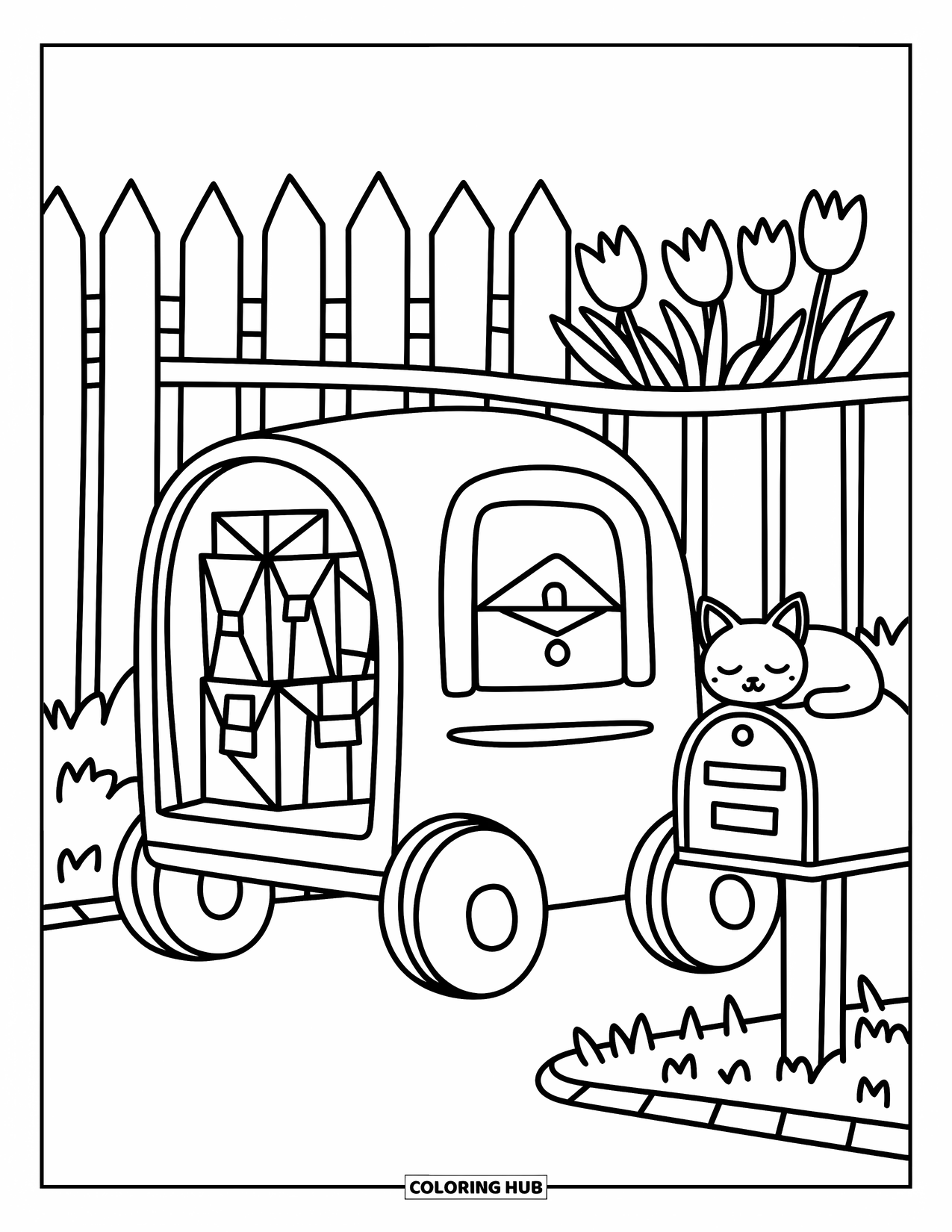 Kleurplaat van een vrachtwagen voor volwassenen: Een kleine kat dut op een brievenbus naast een postwagen vol brieven en pakketten