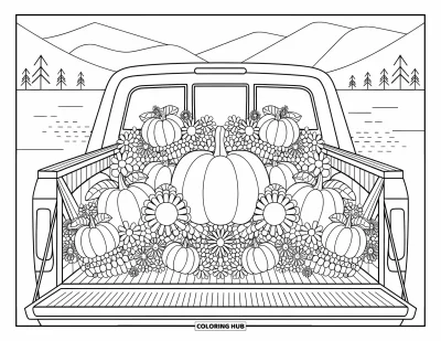Dibujo de camiones para colorear para adultos: La caja de un camión muestra frutas y flores en filas, con montañas y agua al fondo