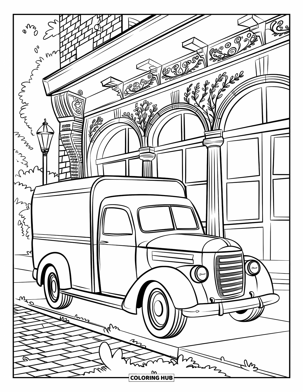 Kleurplaat van een vrachtwagen voor volwassenen: Een vintage bestelwagen staat geparkeerd voor een schilderachtige boekhandel met klimplanten