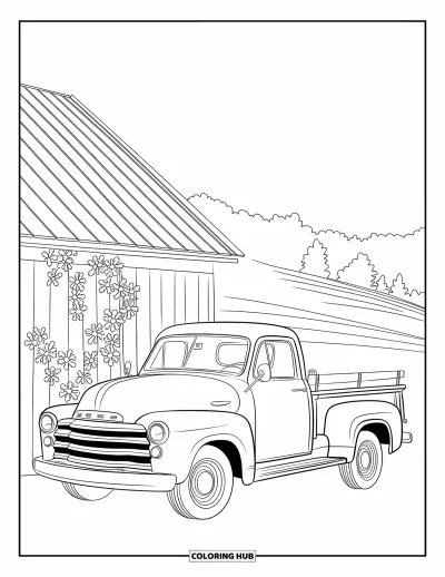 Dibujo de camiones para colorear para adultos: Una camioneta pickup vintage está junto a un granero cubierto de enredaderas florales