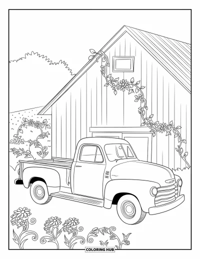 Dibujo de camiones para colorear para adultos: Un camión vintage y un granero están cubiertos por enredaderas trepadoras con colinas cercanas