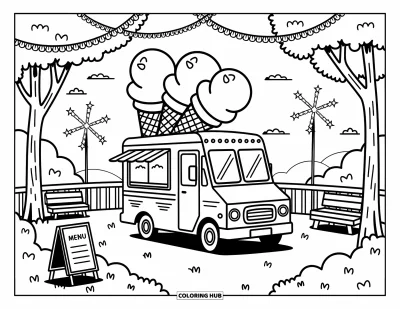 Dibujo de camiones para colorear para adultos: Un camión de helados de fantasía con conos gigantes se estaciona cerca de guirnaldas y móviles de estrellas giratorios