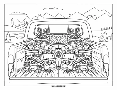 Dibujo de camiones para colorear para adultos: Una caja de camión de madera contiene frutas y flores acomodadas en hermosos patrones simétricos