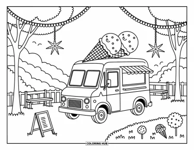 Dibujo de camiones para colorear para adultos: Un camión de helados con adornos de conos se estaciona en una colina con guirnaldas y estrellas giratorias