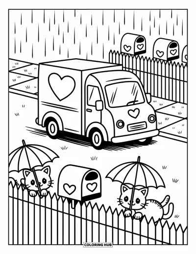 Dibujo de camiones para colorear para adultos: Gatitos con paraguas miran pasar un camión con logo de corazón por una calle lluviosa y tranquila