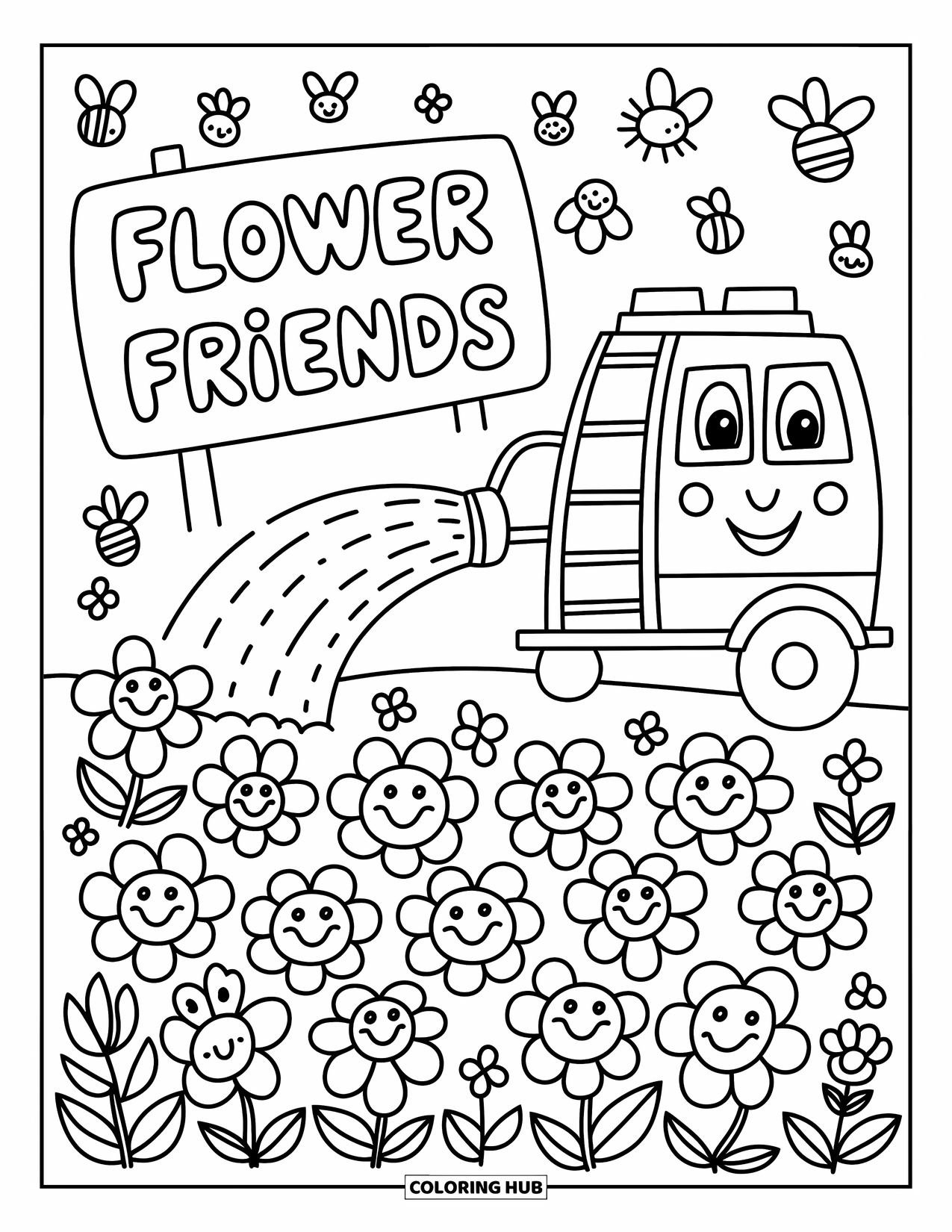 Kleurplaat van een vrachtwagen voor volwassenen: Lachende bloemen krijgen een zachte besproeiing van een brandweerwagen met een gieterslangladder