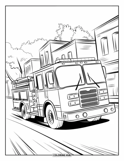 Dibujo de camiones para colorear para niños: Un camión de bomberos llamativo avanza a toda velocidad bajo los árboles junto a edificios dibujados de forma simple