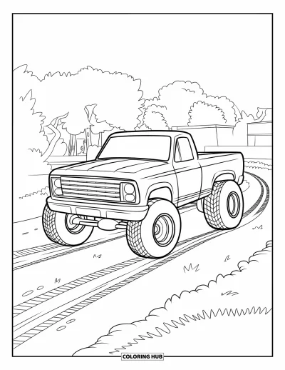 Dibujo de camiones para colorear para niños: Un camión de carreras llamativo se estaciona en una pista de tierra cerca de árboles y un edificio