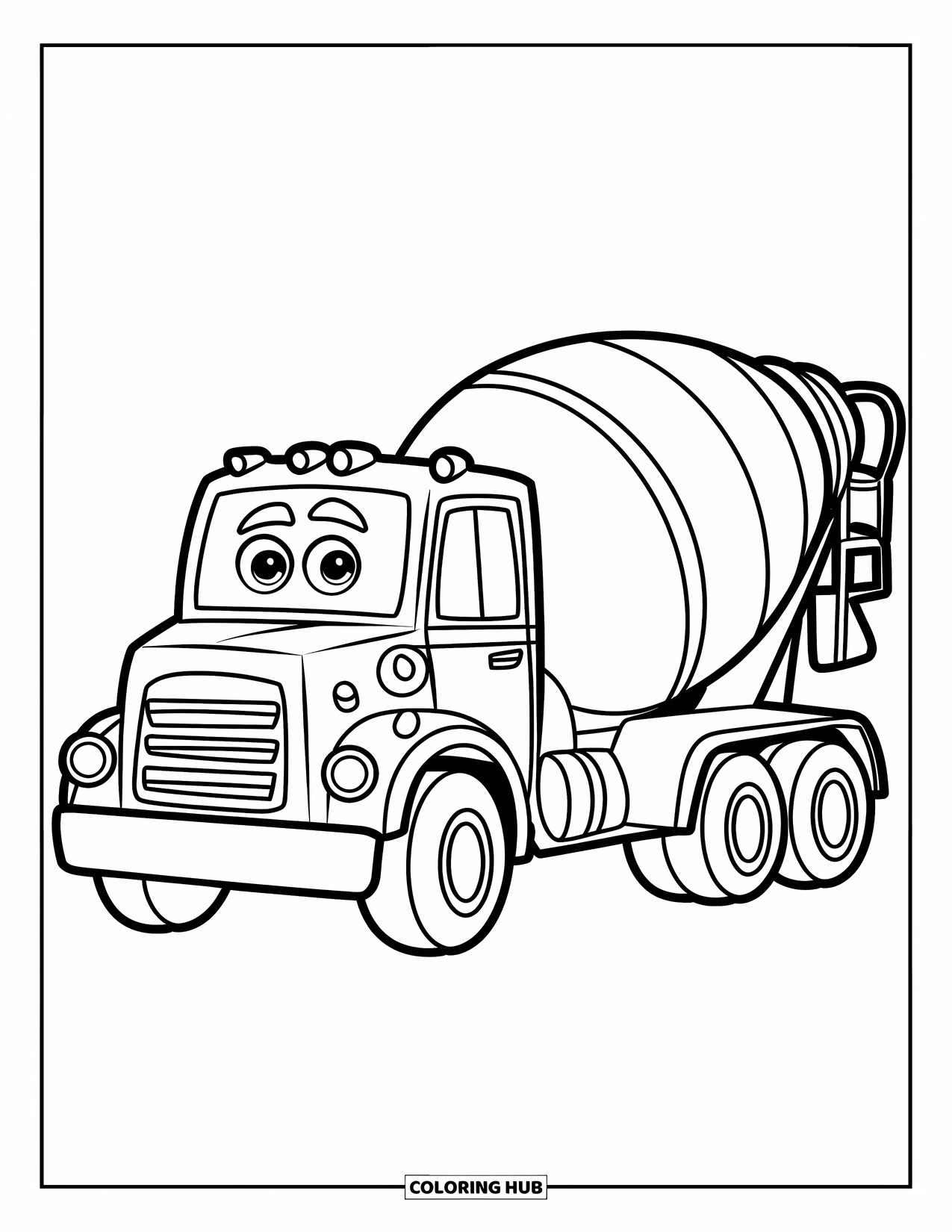 Kleurplaat van een vrachtwagen voor kinderen: Een vrolijke betonmolen met grote vormen staat op een blanco achtergrond
