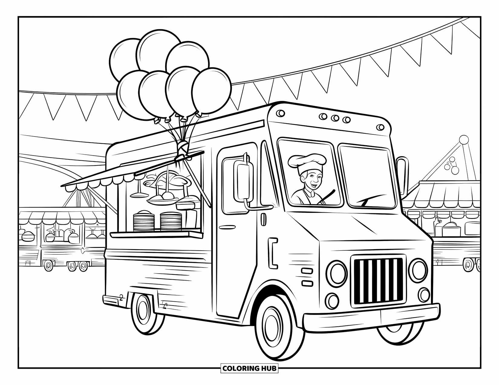 Kleurplaat van een vrachtwagen voor kinderen: Een vrolijke kok in een foodtruck begroet bezoekers op het kermisterrein