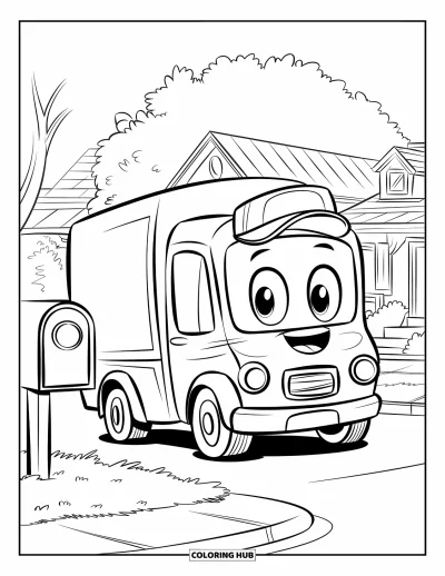 Dibujo de camiones para colorear para niños: Un camión de reparto alegre con gorra hace una pausa en una calle tranquila rodeada de árboles