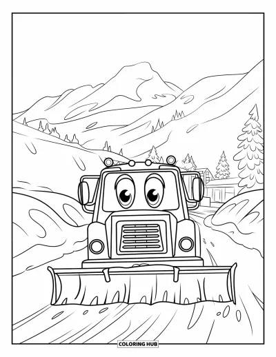 Dibujo de camiones para colorear para niños: Un alegre camión quitanieves con cara aparta la nieve cerca de montañas y casas