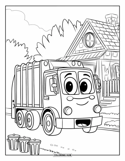 Dibujo de camiones para colorear para niños: Un camión de basura tierno con ruedas redondas y grandes sonríe frente a una casa con sendero y árboles