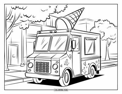 Dibujo de camiones para colorear para niños: Un camión de helados tierno con un cono en la parte superior está estacionado en una calle tranquila