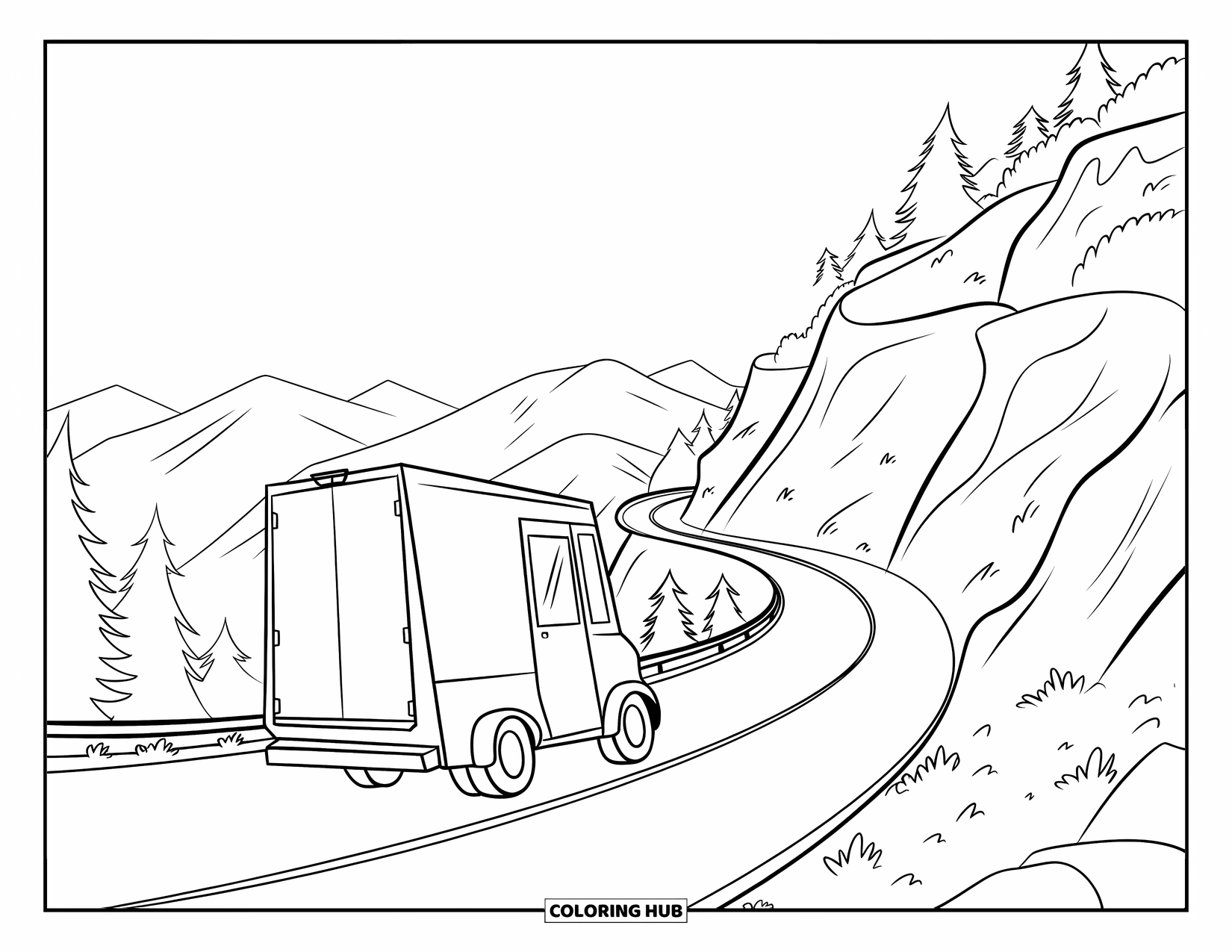 Kleurplaat van een vrachtwagen voor kinderen: Een bestelwagen beklimt een steile bergweg met een bebost uitzicht