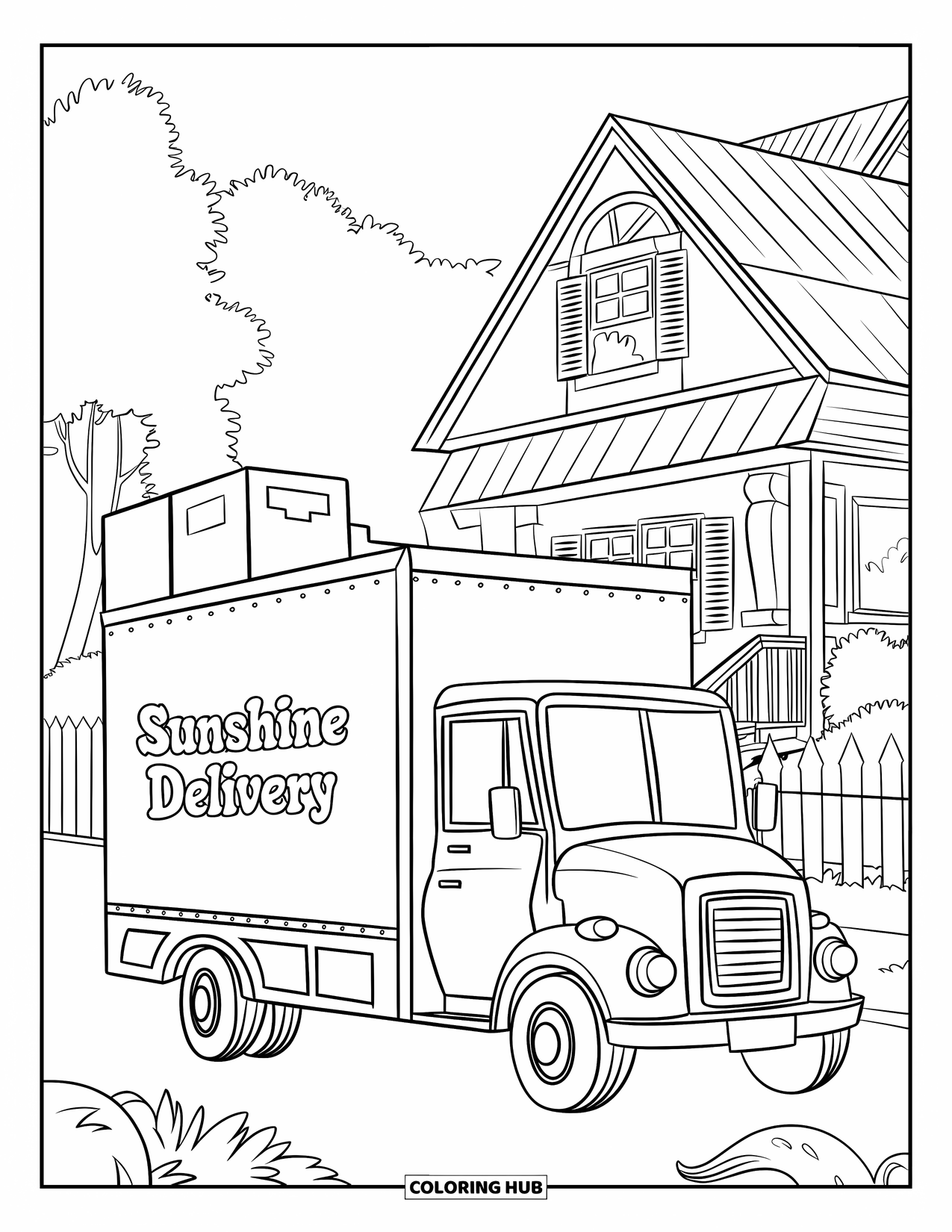 Kleurplaat van een vrachtwagen voor kinderen: Een bestelwagen met het label "Sunshine Delivery" lost dozen bij een gezellig huis