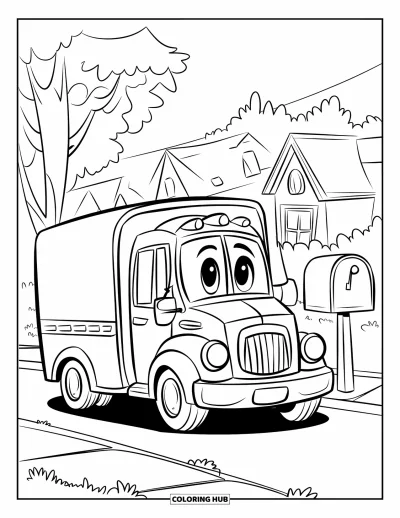 Dibujo de camiones para colorear para niños: Un camión de reparto se estaciona junto a un buzón cerca de árboles y casas suburbanas