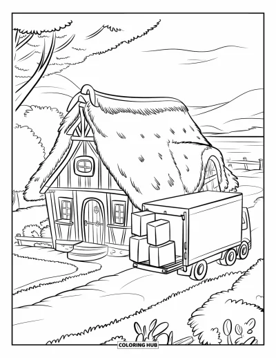 Dibujo de camiones para colorear para niños: Un camión de reparto descarga junto a una cabaña de techo de paja con vista al lago