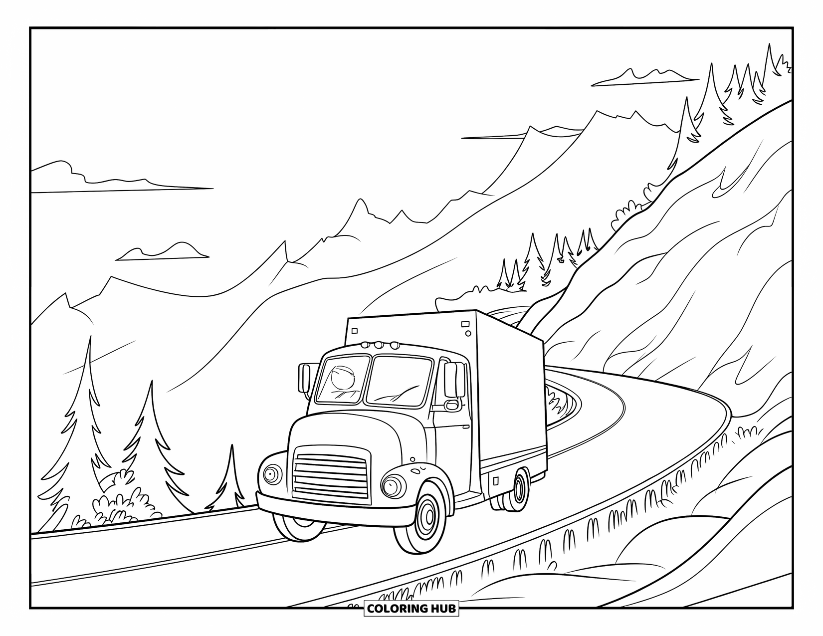 Kleurplaat van een vrachtwagen voor kinderen: Een bestelwagen slingert een bochtige bergweg op met bomen en lucht